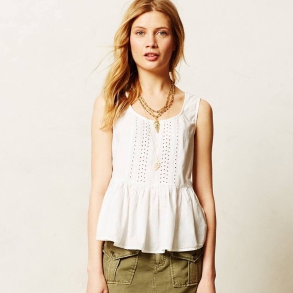 Anthropologie White Eyelet Peplum Poplin Tank